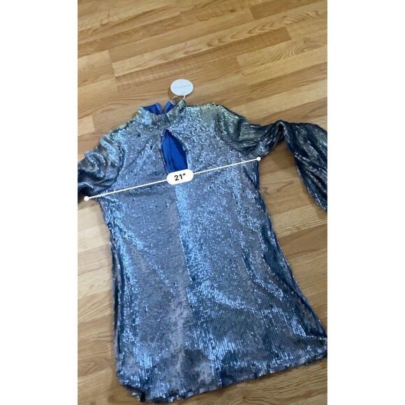 Boohoo Sequin High Neck Cut Out Smock Dress Size 10  Blue Sparkly Mini - Picture 10 of 12